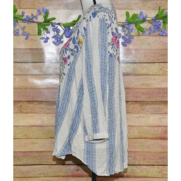 Hope Springs Ladies Floral Striped V-Neck 1/4 Button Up Blouse Size L 3/4 Sleeve - Picture 5 of 10